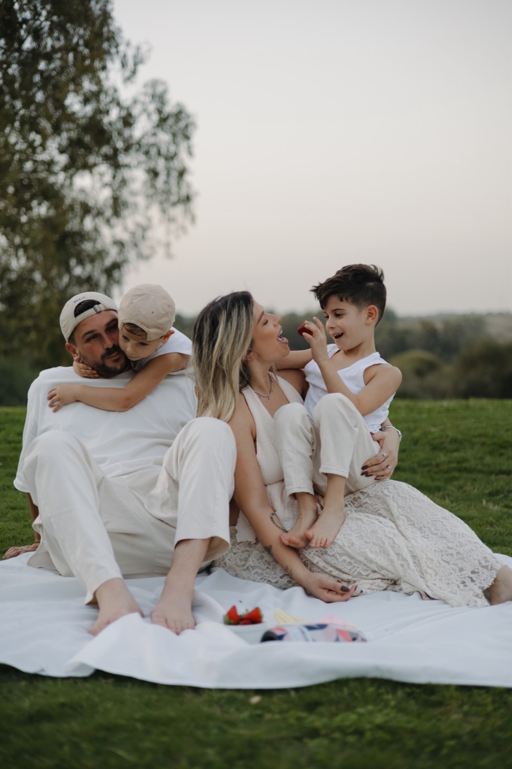 משפחה בפיקניק בטבע עם תותים